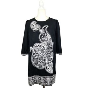 Tibi black white paisley print shift style 3/4 sleeve mini dress women's size 10